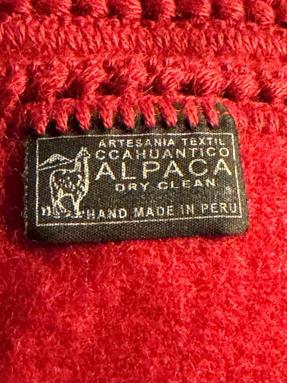 Ccahuantico Vintage Alpaca Fringed Red Scarf Handmade in Peru  92“ x 22-1/4”